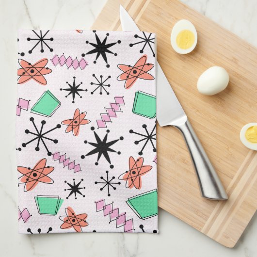 Retro Atomic Vormen Roze Sinaasappel & Groen Theedoek (Quarter Fold)