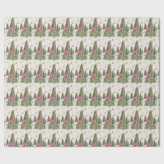 Retro Atomisch Kerstmis Roze Hert Dennenbomen Cadeaupapier (Vlak)