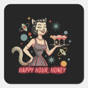 Retro Atomische Kat Pin-Up "Happy Hour, Schatje" Vierkante Sticker