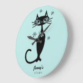 Retro Atomische Zwarte Kat Gepersonaliseerde Keuke Grote Klok (Hoek)
