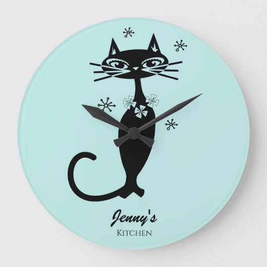 Retro Atomische Zwarte Kat Gepersonaliseerde Keuke Grote Klok (Voorkant)