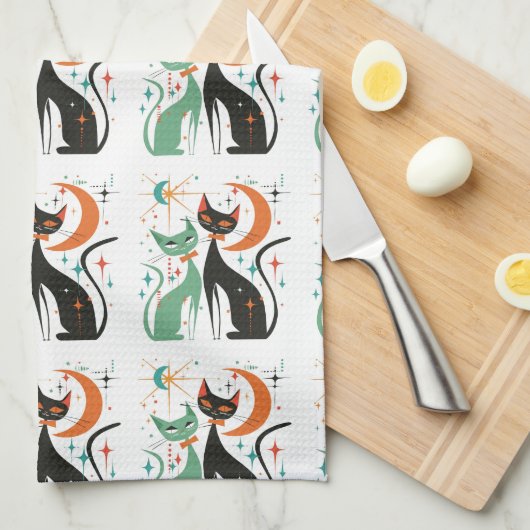 Retro Atomkatten Zwart Turquoise Theedoek (Quarter Fold)