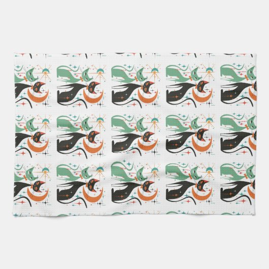 Retro Atomkatten Zwart Turquoise Theedoek (Horizontaal)