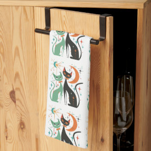 Retro Atomkatten Zwart Turquoise Theedoek