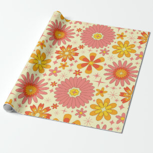 Retro atoom bloemen met sterrenstelsels op crème  cadeaupapier