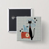 Retro atoomera midden eeuw moderne kat & radio vierkante button 5,1 cm (Voorkant /achterkant)