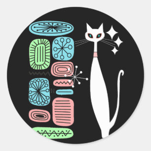 Retro atoomera middeneeuwse moderne witte kat ronde sticker