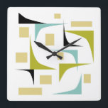 Retro atoomtijdperk geometrische hoeken midden eeu vierkante klok<br><div class="desc">Voeg een pop kleur toe aan je muur met deze funky mid century moderne klok! Het beschikt over de leuke kleuren aqua blauw,  avocado groen,  geel en zwart geometrische vormen.</div>