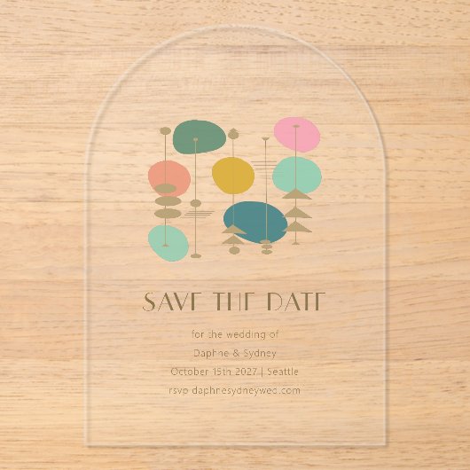 Retro Atoomtijdperk Mid Century Modern Save the Da Acryl Uitnodigingen (Voorkant)