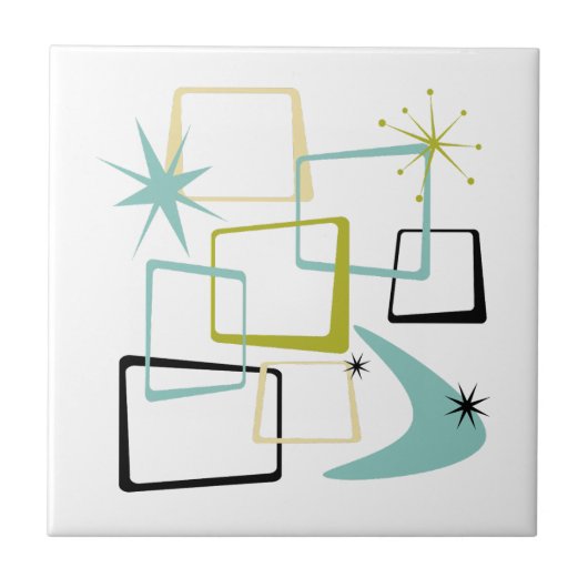 Retro atoomtijdperk sterren Boomerang Mid Century Tegeltje (Voorkant)