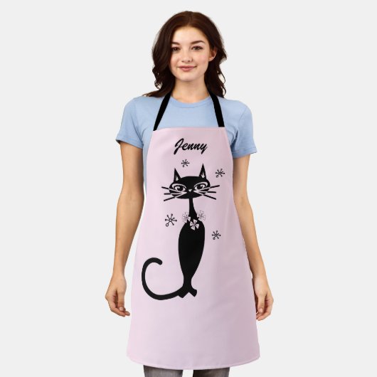 Retro atoomzwart kattespeciaal keukenplatform schort (Gedragen)