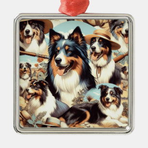Retro Australische Herder Naadloze Schilderij Metalen Ornament