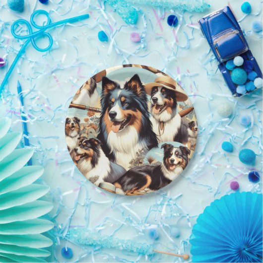 Retro Australische Herder Naadloze Schilderij Papieren Bordje (Feest)