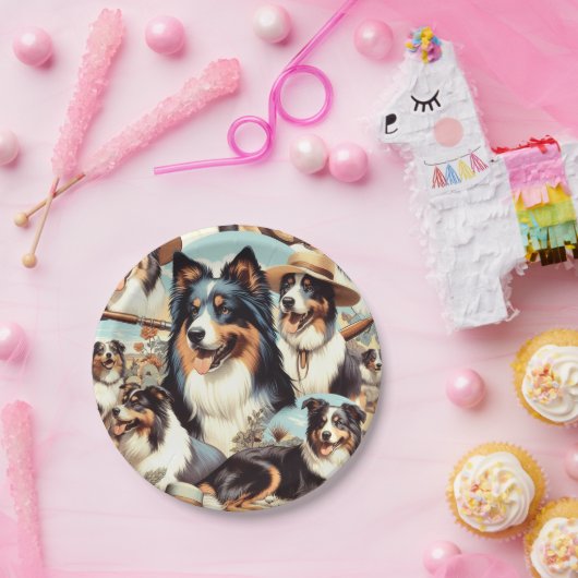 Retro Australische Herder Naadloze Schilderij Papieren Bordje (Feest)