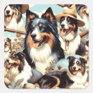 Retro Australische Herder Naadloze Schilderij Vierkante Sticker