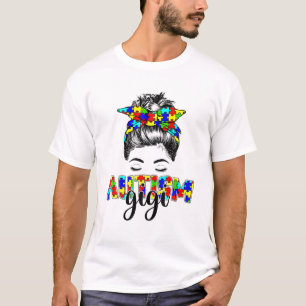 Retro Autism Awareness Messy Bun Gigi Support Auti T-shirt