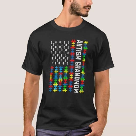 Retro Autisme Bewustzijn VS Vlag Grootmoeder Steun T-shirt (Voorkant)