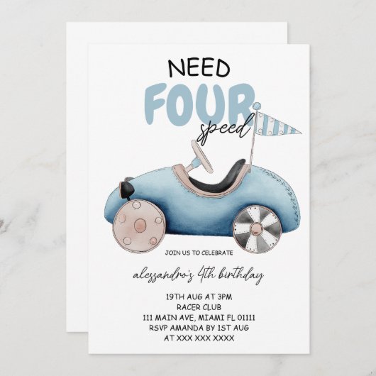  Retro Auto 4e Verjaardag Kaart (Voorkant / Achterkant)