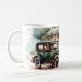 Retro auto & bloeiende boetiek scène koffiemok