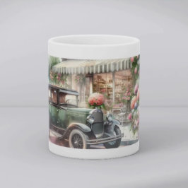 Retro auto & bloeiende boetiek scène koffiemok