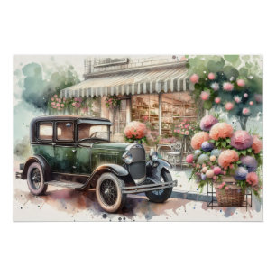 Retro auto & bloeiende boetiek scène perfect poster