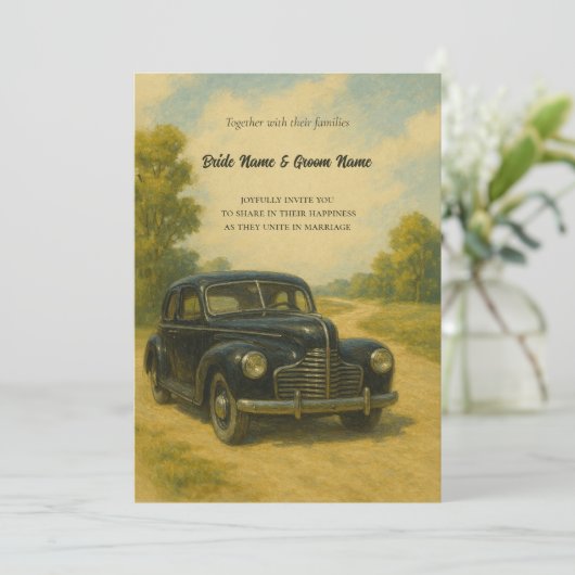 Retro auto bruiloft uitnodiging (Staand voorkant)