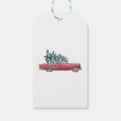 Retro auto, dennenboom, confetti, vrolijk kerstfee cadeaulabel (Achterkant)
