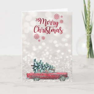 Retro auto dennenboom, glinsterende bokeh feestdagen kaart