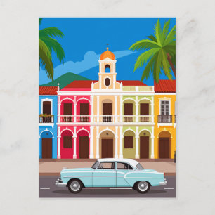 Retro auto en kleurrijke koloniale huizen Reis Briefkaart
