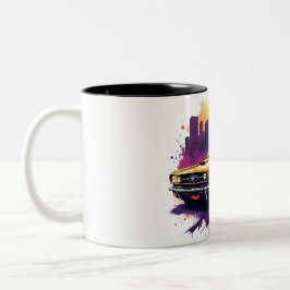 Retro auto- en stadslandschapkunst tweekleurige koffiemok