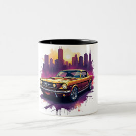 Retro auto- en stadslandschapkunst tweekleurige koffiemok