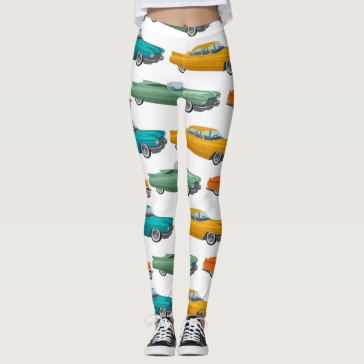 Retro Auto Fifties Stijl Patroon Leggings (Voorkant)