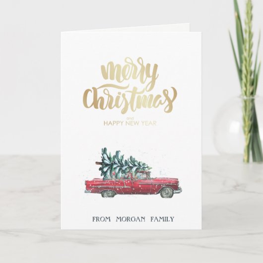Retro auto, Kerstmis dennenboom   Feestdagen Kaart (Voorkant)