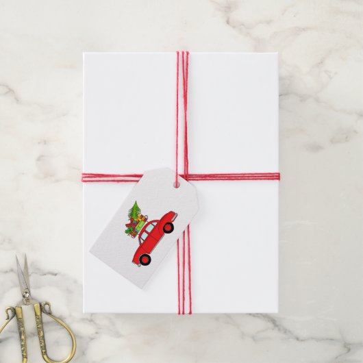 Retro-auto met kerstcadeaus cadeaulabel (Met Touw)