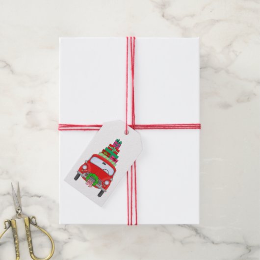 Retro-auto met kerstcadeaus cadeaulabel (Met Touw)