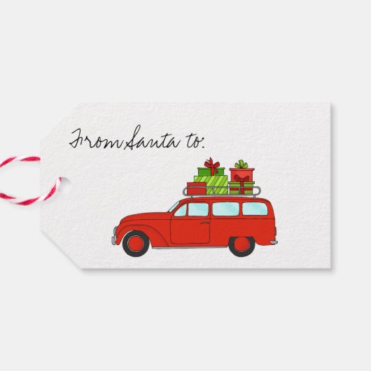 Retro-auto met kerstcadeaus cadeaulabel (Achterkant Horizontaal)