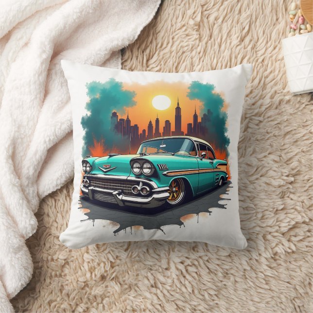 Retro auto met stads silhouet accentkussen kussen (Deken)