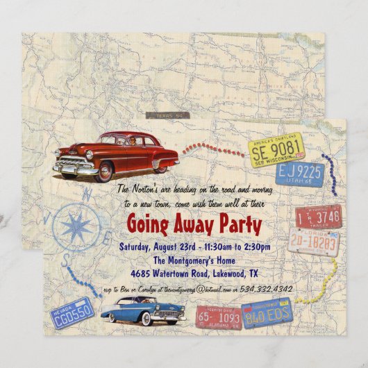 Retro-auto onderweg partijuitnodiging - nieuw star kaart (Voorkant / Achterkant)
