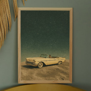 Retro auto op de maan. ruimte collage kunst poster