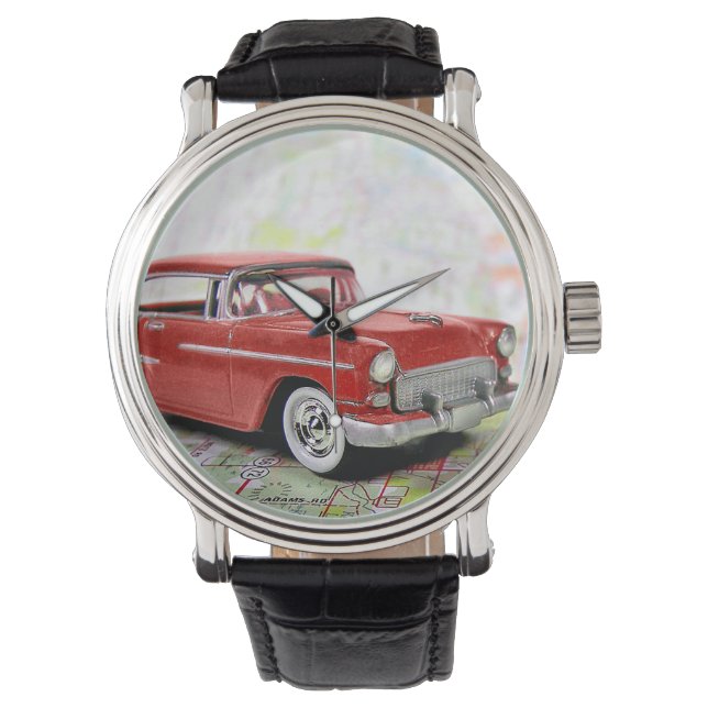 Retro auto op Road Map Horloge (Voorkant)
