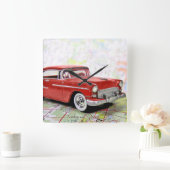 Retro auto op Road Map Vierkante Klok (Huis)