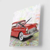 Retro auto op Road Map Vierkante Klok (Hoek)