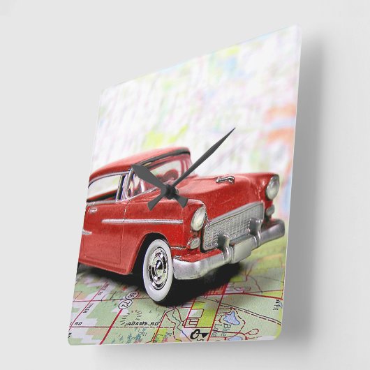 Retro auto op Road Map Vierkante Klok (Hoek)