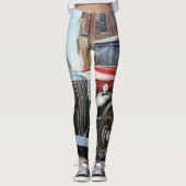 Retro Auto Oude Stad Schilderij Leggings (Voorkant)