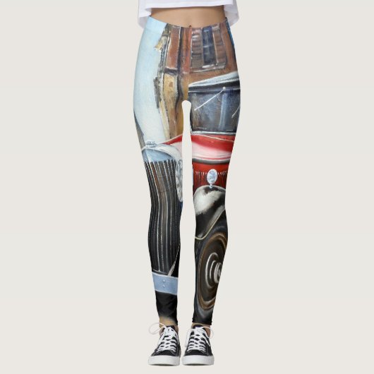 Retro Auto Oude Stad Schilderij Leggings (Voorkant)