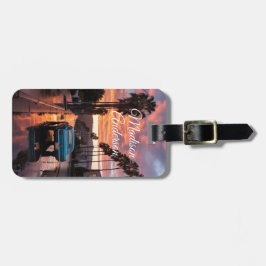 Retro auto & Palm Sunset gepersonaliseerd Bagagelabel