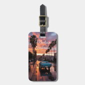 Retro auto & Palm Sunset gepersonaliseerd Bagagelabel (Voorkant verticaal)
