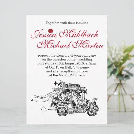 Retro-autohuwelijk uitnodiging 16,5 cm x 22,2 cm (Staand voorkant)