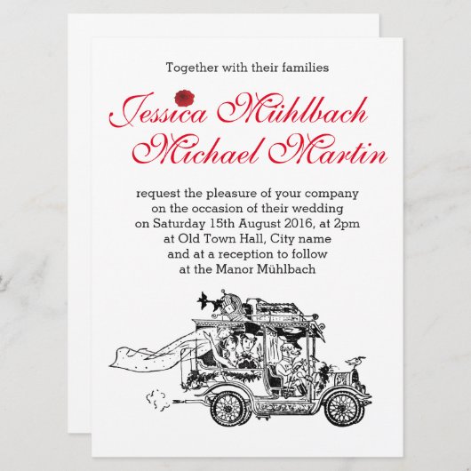 Retro-autohuwelijk uitnodiging 16,5 cm x 22,2 cm (Voorkant / Achterkant)