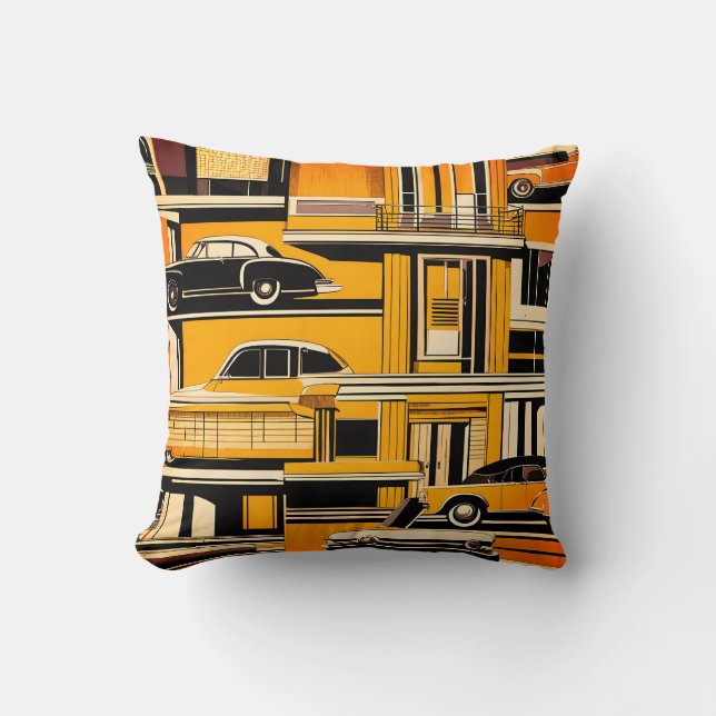 Retro Auto's Geometrisch Mosterd Mid Century  Kussen (Voorkant)